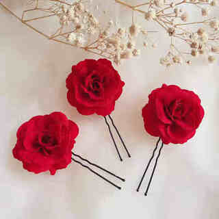 U-shaped clip bridal hairpin hair fork clip red rose head flower hairpin accessories toast clothing hair accessories round petal rose hair fork * 3 pieces