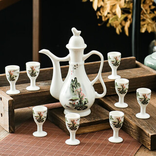 Ceramic wine set, antique flask, household white wine cup, chinese creative wine divider, antique goblet, small wine cup, qingshan mangrove 9-piece set, goblet