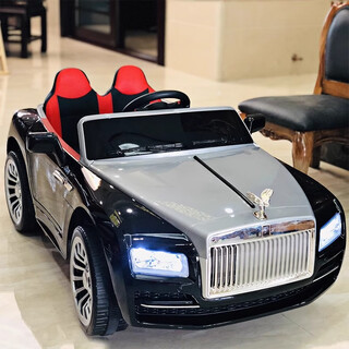 Work baby rolls-royce children's electric car four-wheel baby remote control car can sit and charge children four-wheel drive toy stroller, painted black + leather seat + remote control + full-featured electric drive
