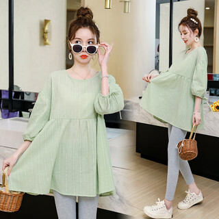 Qiantang lady maternity clothes autumn clothes korean version baby doll shirt loose spring autumn suit fashion women's loose cotton shirt top outing light green top m recommendation 90-115jin jin equals 0.5kg
