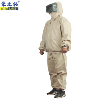 荣之拓 帆布打砂衣喷漆服防护喷砂服喷砂帽连体式喷砂衣工作防护劳保服防尘耐磨防飞溅分体式喷砂服 米色平面玻璃上衣+裤子 均码