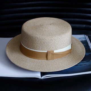 Kt design decorative small flat top sun protection straw hat for women summer travel seaside beach hat fashion sun hat khaki color one size adjustable m56-59cm