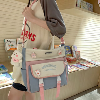 Sea of stars new student tutoring bag tutoring portable book bag high-looking japanese harajuku college style cute girl crossbody bag female korean ins campus versatile canvas shoulder bag blue with badge + pendant with small flower pendant