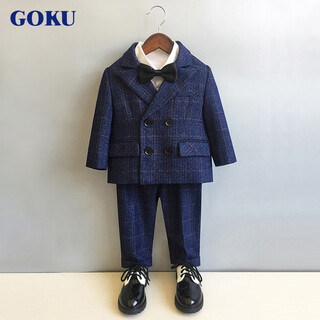 GOKU儿童西装秋冬男童礼服套装花童男孩宝宝周岁小西服英伦钢琴演出服 蓝西装+马甲+裤子+衬衫+领结胸花 110