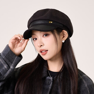 Jimmy leaf hat octagonal hat beret women's autumn and winter british retro versatile painter hat showing face small casual peaked hat black one size adjustable (55-58cm)