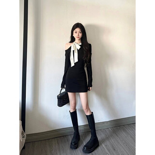 Lecali french pure desire bow dress women's spring and autumn bottoming slim fit off-the-shoulder hip a-line skirt little black dress black l