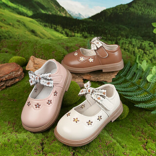 Yezhi girls' leather shoes for spring and autumn seasons new fashion soft soled princess shoes bow embroidered children's shoes girls off-white 23 inner length 14.5cm