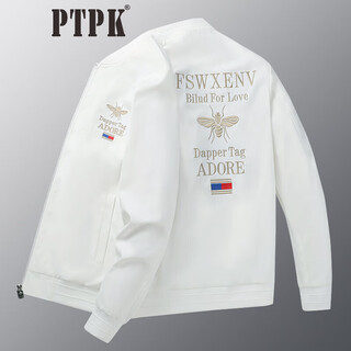 Ptpk trendy brand embroidered bomber jacket men's slim spring and autumn new casual men's versatile baseball uniform jacket top white little bee j801 regular style m (recommended 105-120jin jin equals 0.5 kg)