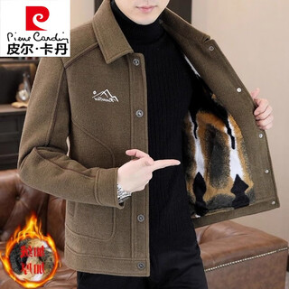 Pierre cardin winter warm velvet thickened woolen coat men's lapel slim jacket men's short casual woolen 7365# coffee color thickened velvet l 110-130