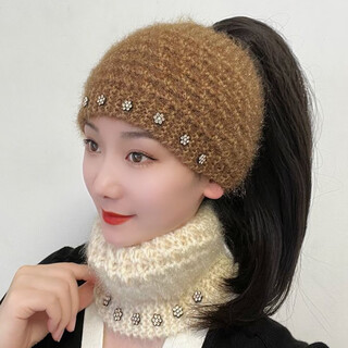Zi'er winter warm hat worn by middle-aged women. beanie hat. thickened beanie for middle-aged and elderly women. autumn and winter headscarf. khaki plum blossom headband. one size fits all.