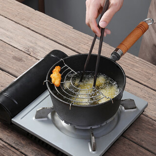 Muke cast iron frying pan household small frying pan french fries small iron pot food supplement small milk pot stew pot induction cooker gas universal wooden handle frying pan with stainless steel drain rack 0cm 0ml 19cm