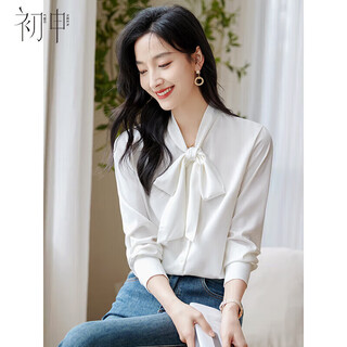 Chushen long-sleeved shirt women's satin commuting all-match fashion bow white shirt s132c2366