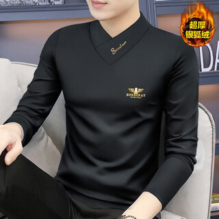 Ao hu new modal men's thickened long-sleeved t-shirt bottoming shirt with original trendy men's top and slim fit black velvet style xl 130-145jin jin is equal to 0.5 kg
