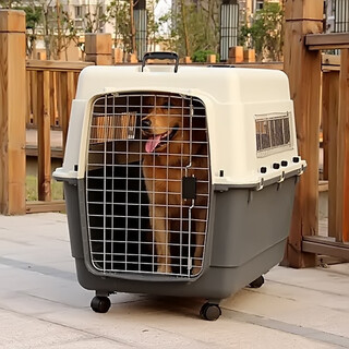 PETMODE加厚宠物航空箱狗狗外出托运箱子车载狗笼便携猫咪国航南航深航箱 3号：68×47×51cm金属窗+轮子 米白+灰蓝色