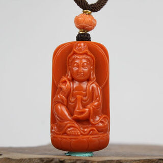 Classic natural deep sea coral organic gemstone exquisitely carved guanyin pendant