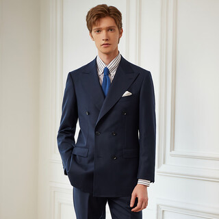 Guillaume de mons aojia pure wool formal men's suit business high-definition double-breasted suit groom wedding suit spring and summer new prussian blue two-piece suit top + pants 50