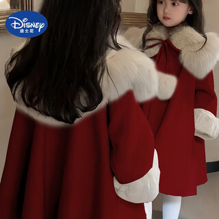 Disney girls' jackets autumn and winter 2025 new winter coats children's new year's clothes children's clothes velvet red new year's clothes red large fur collar woolen coat 140