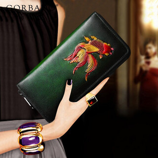 Gorbado women's long wallet 2025 new style cowhide wallet versatile temperament wallet stylish hand-held party bag trend (wq279a) dark green goldfish