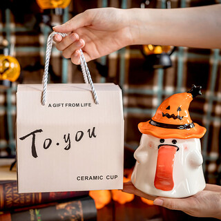 Jingdongjia halloween gift, cute and funny ghost mug, halloween company gift gift, girlfriend’s birthday gift, orange hat ghost mug + portable gift box + spoon