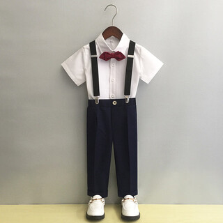 GOKU男童礼服主持人帅气儿童小西装套装花童背带裤英伦男孩钢琴演出服 蓝色裤子+衬衫+背带领结 140