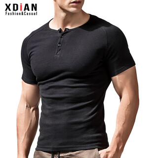 Continue short-sleeved t-shirt men's tight henley collar pure cotton open collar black t-shirt men's slim sports tops bottoming shirt black m