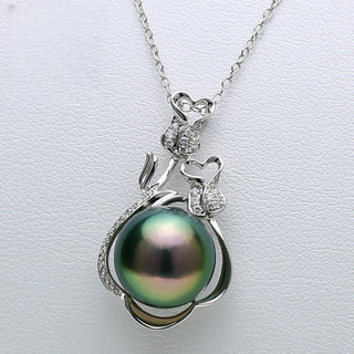 Mu qin zhenyu tulip 18k gold set with diamonds 11.8mm malachite green tahitian black pearl pendant with identification certificate