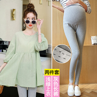 Maternity clothing, spring and autumn clothing, summer clothing, thin spring and autumn clothing, 2021 new spring clothing set, fashionable women's loose cotton shirt tops for going out, korean style fashionable baby tops, light green top + gray trousers xl recommended 130-145jin jin equals 0.5 kg