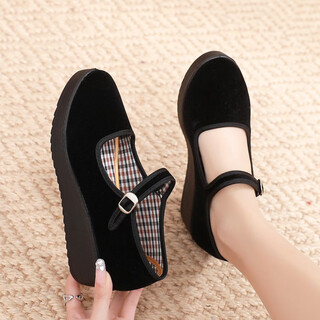 Old beijing cloth shoes women's wedge heels platform sole hotel etiquette work black belt shoes thick sole mother single shoes a-1 grid sports shoe size 37
