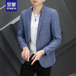 罗蒙（ROMON）西装男韩版潮流修身春秋季新款单西服男装格子小西服休闲男士外套 蓝色 XL