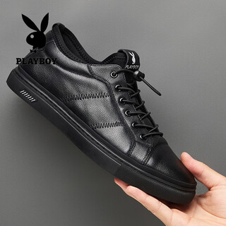 Playboy casual leather shoes men's new lightweight breathable first layer cowhide sneakers soft sole soft surface wear-resistant elastic band men's single shoes black 42