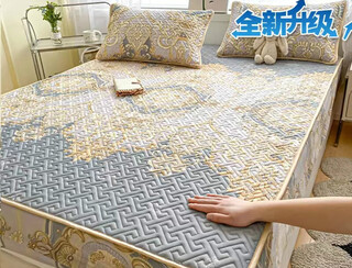 Ice silk latex mat three-piece set, fitted sheet, mattress protector, summer bed cover, air-conditioning mat, european gray, whole sheet thickened with latex filling, free 2 180cmx200cm