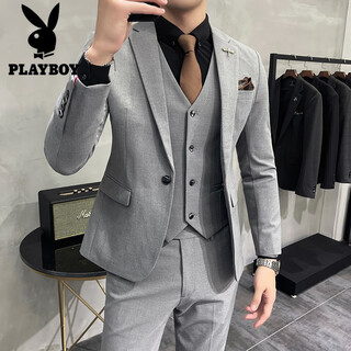 Playboy suit men's three-piece winter thick large size drape coat british slim handsome groom wedding dress light gray suit + vest + trousers 3xl