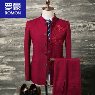 Romon chinese style suit suit for men, chinese tunic suit for young men, embroidered chinese tang suit wedding dress, three-piece trendy red-three-piece suit l 120 jin jin equal to 0.5 kg inner wear
