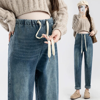 Bo na ling maternity pants autumn and winter outer wear jeans loose drawstring dad pants harem wide leg pants small casual maternity clothing pregnancy dad pants drawstring style l size 105-120 jin jin is equal to 0.5 kg