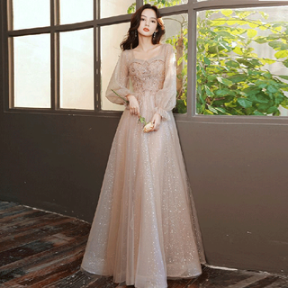H-ked art examination dress music student vocal piano champagne color long sleeve dress annual party birthday party host dress lotus pink (long style) picture color 3xl (135-145jin jin is equal to 0.5 kg)