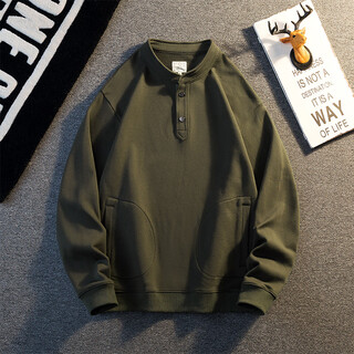 Kuraishi kazuki autumn and winter american retro military green sweatshirt men's velvet thickened henry collar long-sleeved bottoming shirt loose jacket military green m