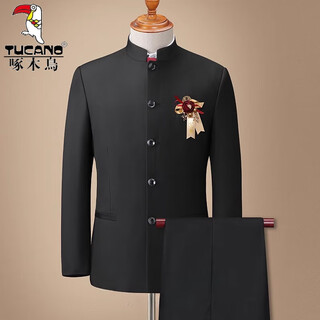 Woodpecker (tucano) dad chinese tunic suit, middle-aged and elderly suit, autumn and winter suit, casual business new chinese stand-up collar suit for men, black two-piece suit (suit + trousers) m