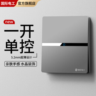 FDD国际电工86型家用超薄肤感开关插座面板开关带五孔哑光大面板灰色电源插座 一开单控