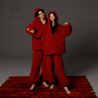Yuenei red pajamas wedding newlywed couple set autumn and winter women's thickened coral velvet home clothes men's zodiac year 24400 retro red women's l (male 110-140 jin jin equals 0.5 kg / female 110-120 jin jin equals 0.5 kg)