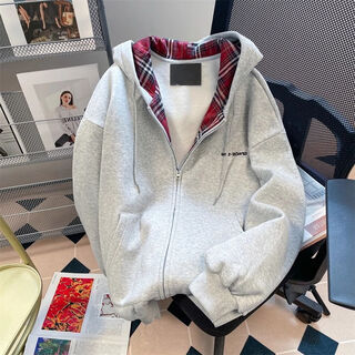 Felalwen american lazy style national trend retro plaid splicing sweatshirt cardigan for men and women couples unique super good-looking hooded jacket gray thickened velvet l 106-125