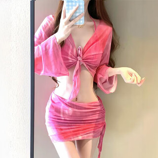 Fei yao bikini women's swimsuit hot spring sexy slim split conservative four-piece set pure desire white long-sleeved vacation set rose red one size recommended 80-120 jin jin equals 0.5 kg