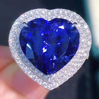 Youxi natural tanzanite ring, love, rich royal blue, collection grade, 18k diamonds, with certificate, blue, 10.02 carats