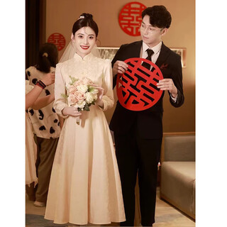 Maxbeth champagne color long-sleeved cheongsam small evening dress for women engagement new chinese style toasting dress bride homecoming in autumn and winter champagne color l