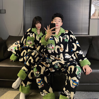 Mengdong crayon shin-chan couple pajamas for men and women winter coral velvet cute cardigan internet celebrity style flannel home clothing set kyx-a59904 xl men's style (recommended 120-145 jin jin equals 0.5 kg)