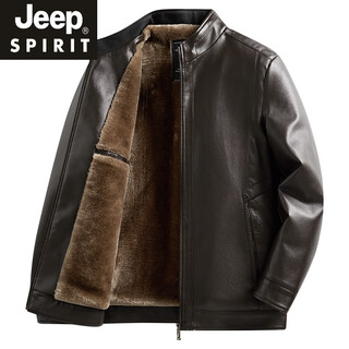 Jeep spirit high-end leather jacket for men with velvet and thickened autumn and winter warm tops for middle-aged and elderly men daddy jacket leather jacket brown - stand collar video style 175 yards recommended 95-125 jin jin equals 0.5 kg