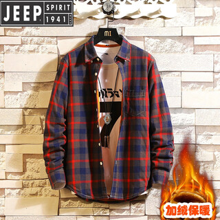 Jeep (jeep) high-end pure cotton plaid shirt trendy loose casual long-sleeved velvet shirt spring, autumn and winter thickened warm clothing for men plus velvet mcs06 red plaid 165/m