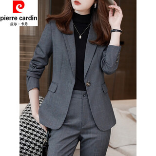Pierre cardin plaid suit suit for women spring and autumn new manager casual business wear suit jacket two-piece formal wear brand gray (suit + pants) m