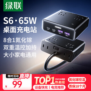 绿联S6【适用iPhone17】桌面充电站插排插线板氮化镓65W快充电器多功能USB/TypeC插座魔盒8孔总控1.5米