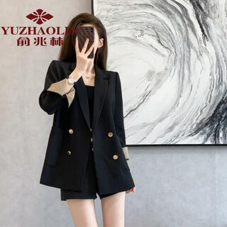 Yu zhaolin small suit women's 2023 early autumn new style british style loose slim high-end double-breasted black turn-sleeve suit jacket black (recommended to be shipped in seconds) l (recommended 105-115 jin jin is equal to 0.5 kg)