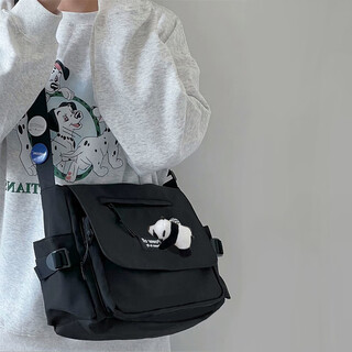 Double star crossbody bag men's shoulder bag women's large capacity messenger bag trendy middle school and high school sports travel college student class bag black with panda pendant